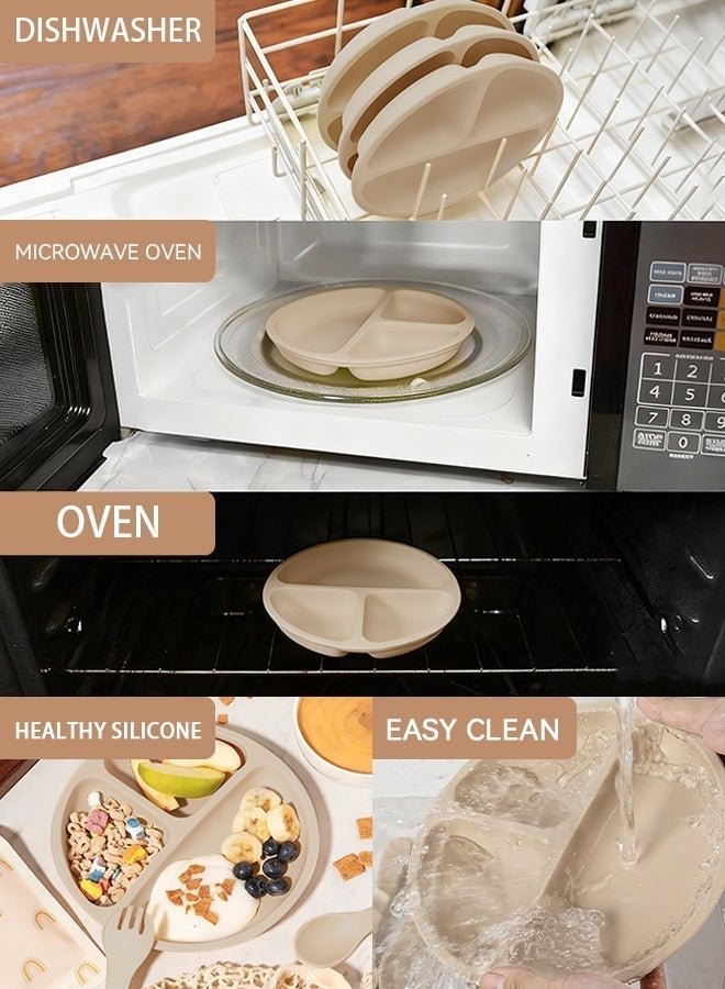 Silicone Baby Feeding Set [13 Pieces] with Suction Bowl and Divided Plate, Baby Spoon and Fork, Training Cup with Straw and Lid, Two Different Styles of Bibs, Finger Toothbrush, Fruit Puree Teether [Beige] Silicone Tableware Set - Image 5